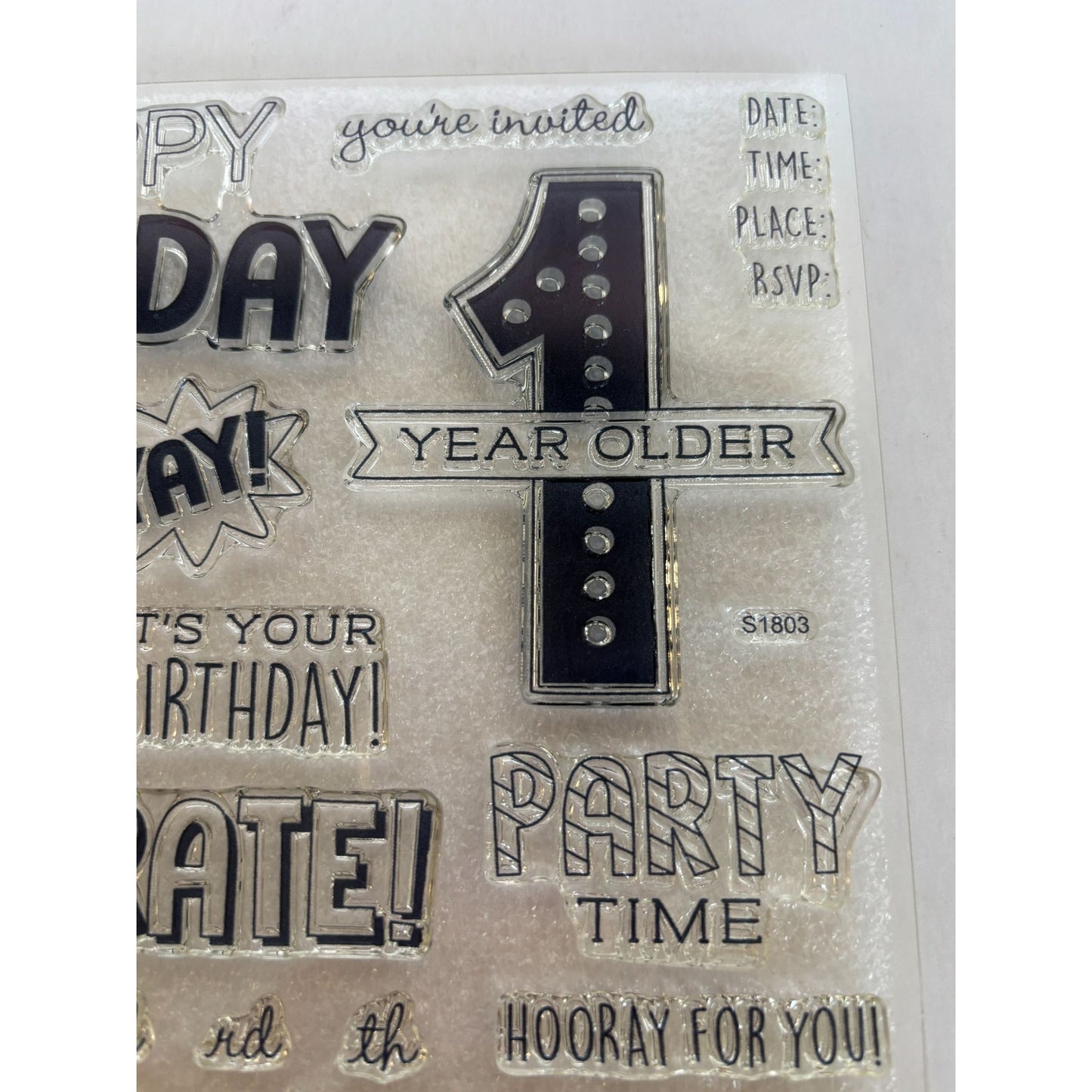 CTMH Acrylic Stamp Set Birthday Time Party Invitation 1 Year Older Words S1803
