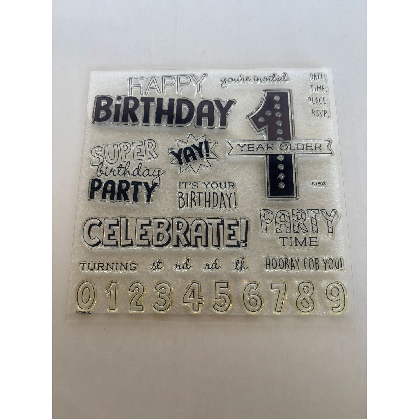 CTMH Acrylic Stamp Set Birthday Time Party Invitation 1 Year Older Words S1803