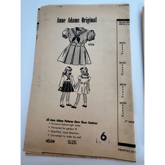 Anne Adams 4504 Sewing Pattern WWII Girls Sailor Dress 2 Pc Size 6 1940s Vintage