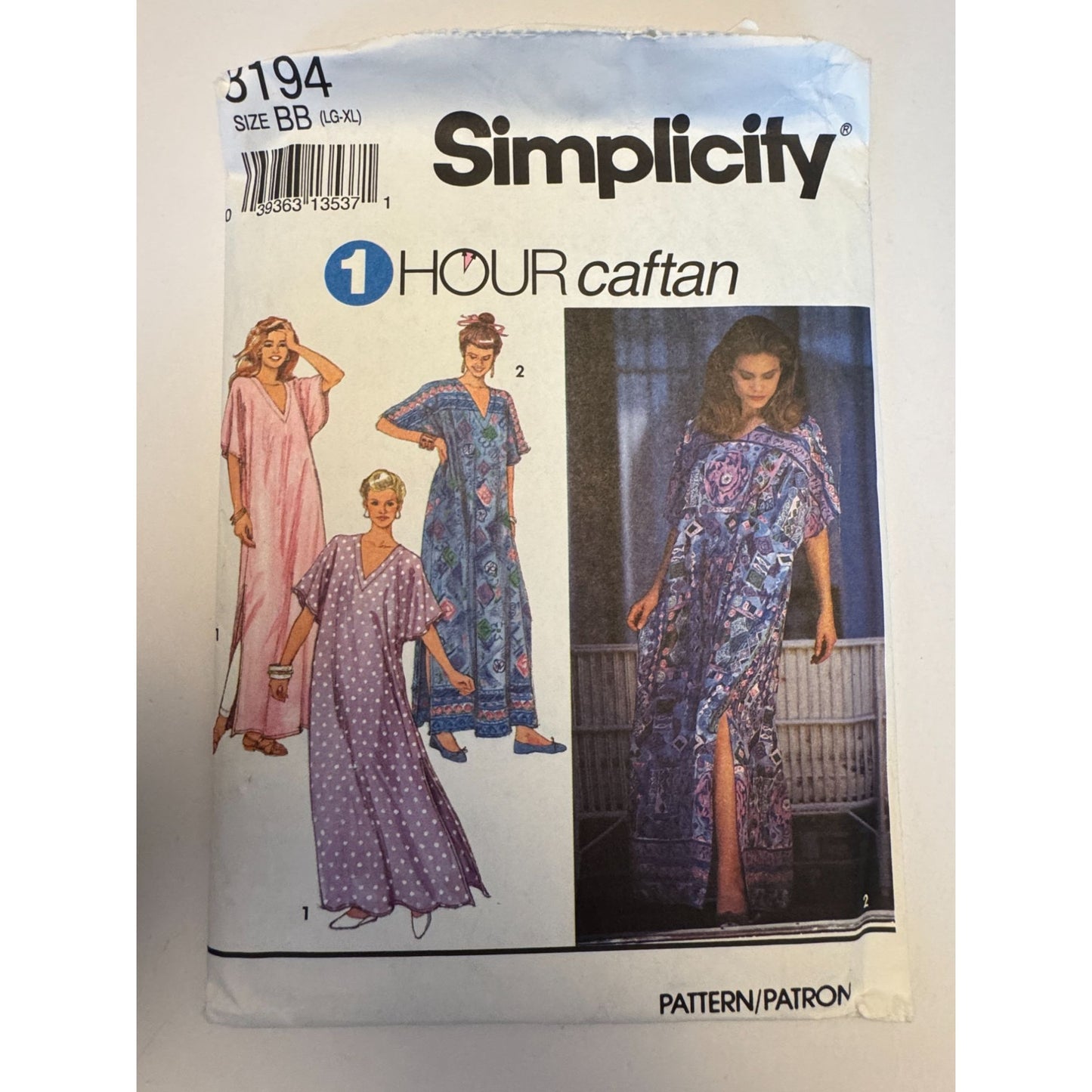 Simplicity Sewing Pattern 8194 Caftan Dress V-Neck Easy 1 Hour L XL 18-24 1990s Uncut