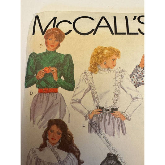 McCalls Sewing Pattern 8085 1980s Blouse Top Vintage Puff Sleeve Romantic 12 Uncut