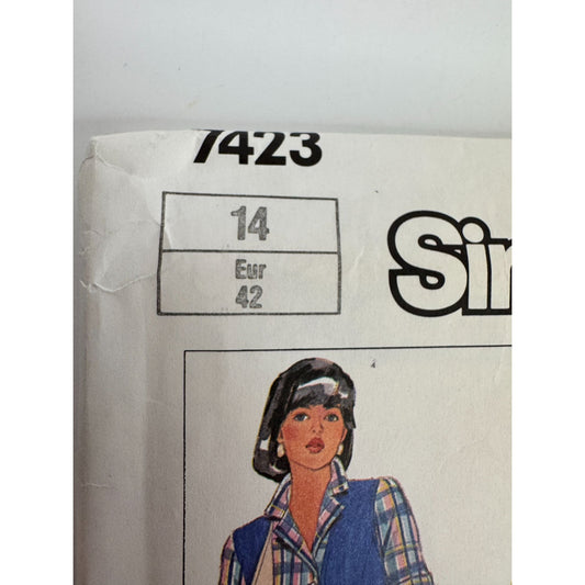 Simplicity Sewing Pattern 7423 Shirtdress Shirt Dress Vest 1980s Size 14 Uncut