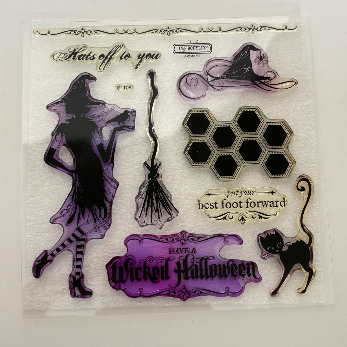 CTMH Acrylic Stamps My Acrylix Wicked Halloween Witch Hat Broomstick Cat S1108 Border Magic