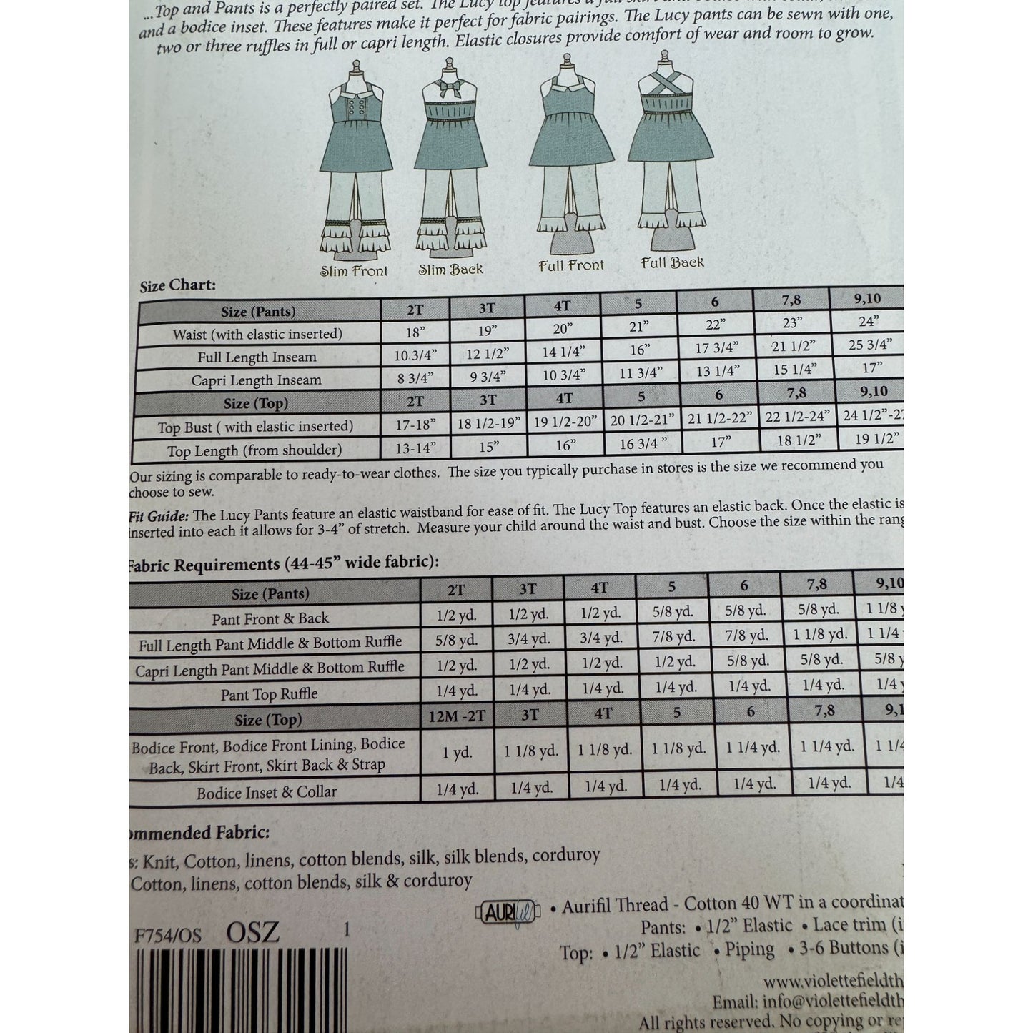 Violette Field Threads Sewing Pattern F754 Lucy Collared Top Ruffled Pants 2T-10