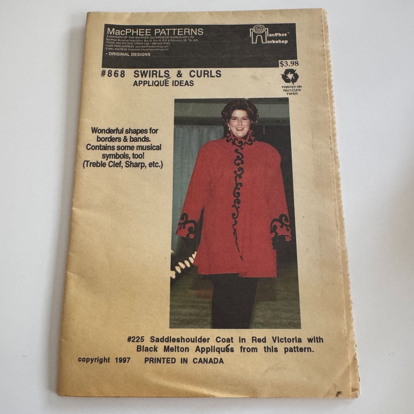 MacPhee Patterns Applique Pattern 868 Swirls Curls Musical Notes Treble Clef UC