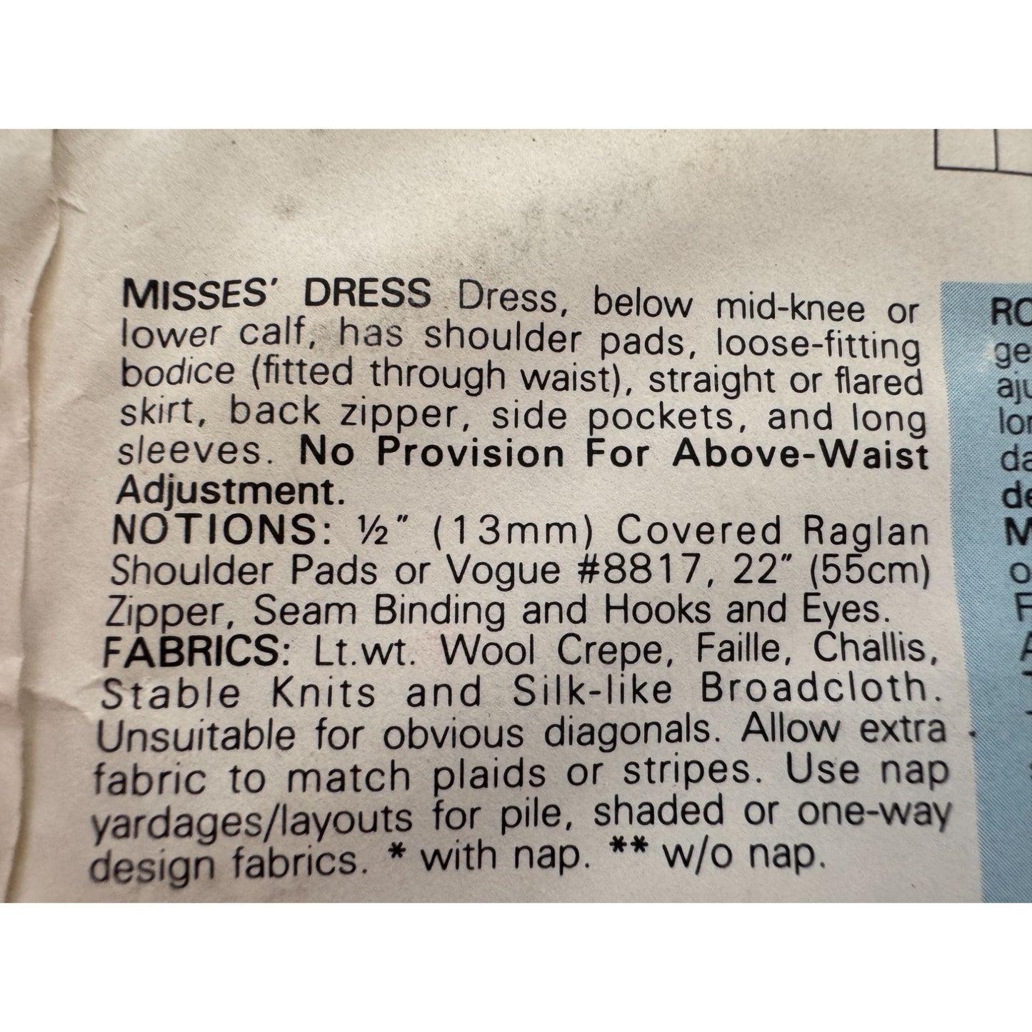 Vogue Sewing Pattern 9458 Dress Straight or Flared Pockets 1980s 8 10 12 Uncut