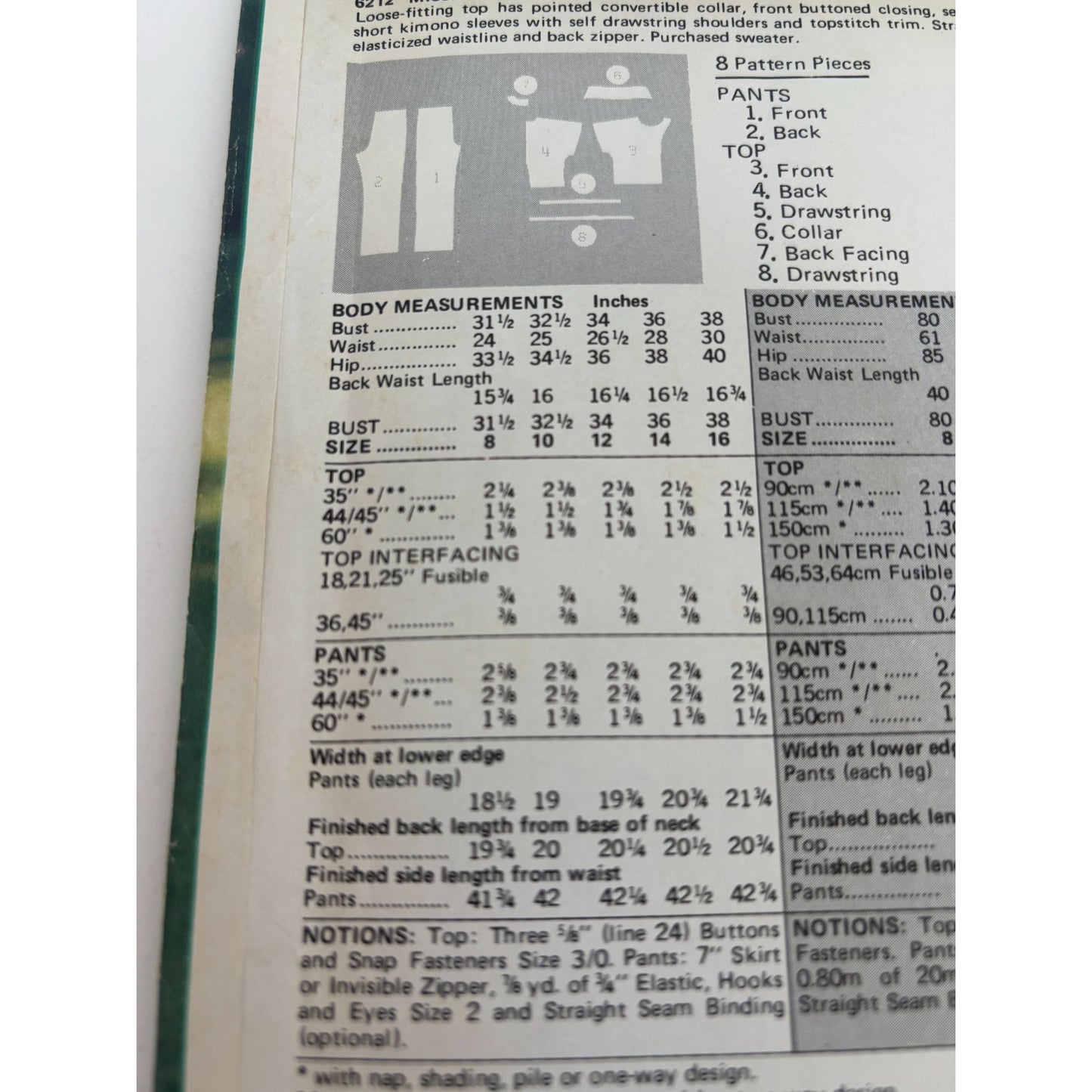 Butterick See and Sew Sewing Pattern 6212 Top Straight Legged Pants Outfit 12 UC