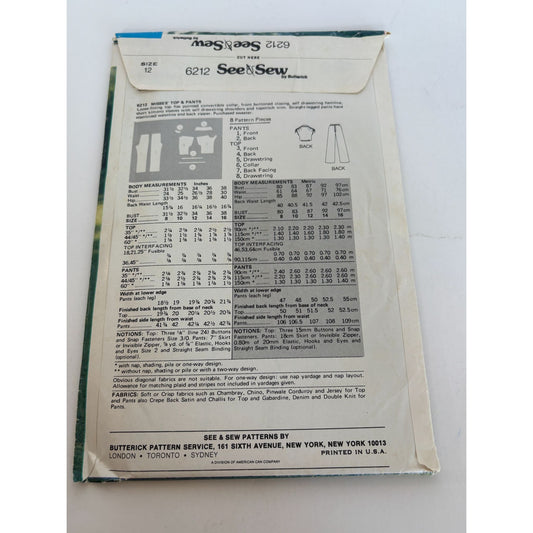 Butterick See and Sew Sewing Pattern 6212 Top Straight Legged Pants Outfit 12 UC