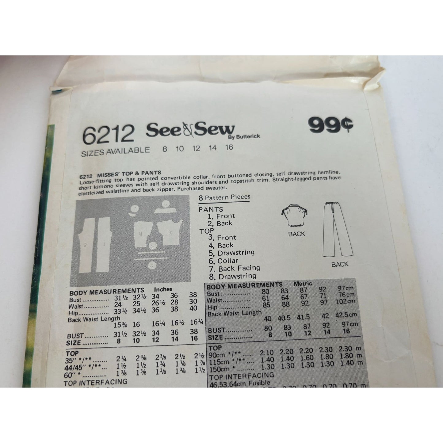Butterick See and Sew Sewing Pattern 6212 Top Straight Legged Pants Outfit 12 UC