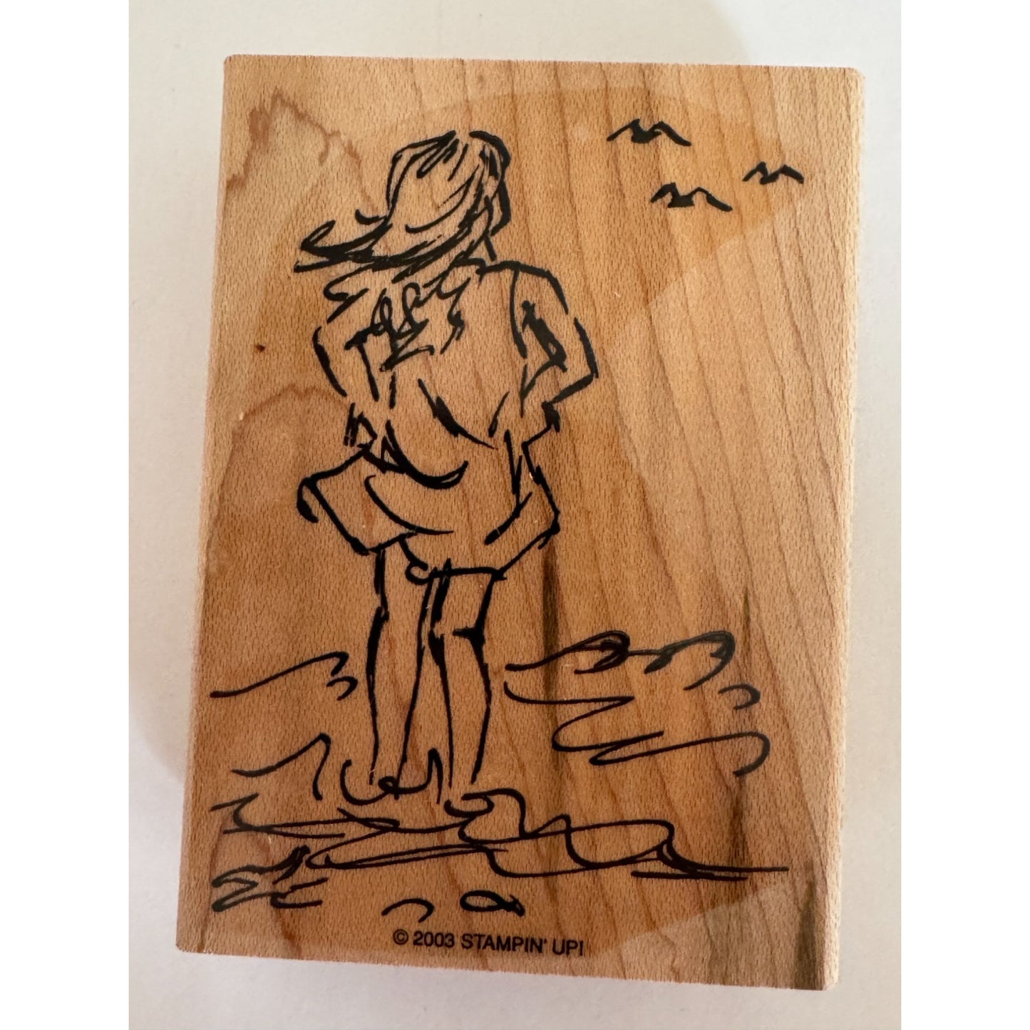 Stampin Up Rubber Wood Girl Beach Scene Seagulls Ocean Sketch Drawing Cardmaking