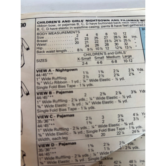 McCalls Sewing Pattern 7730 Girls Nightgown Pajamas XS Vintage 2 4 Uncut Easy