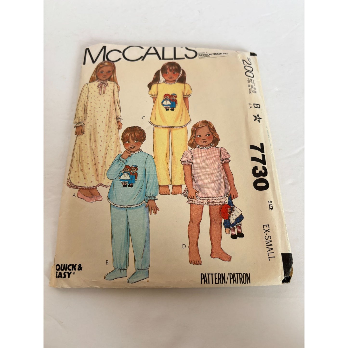 McCalls Sewing Pattern 7730 Girls Nightgown Pajamas XS Vintage 2 4 Uncut Easy