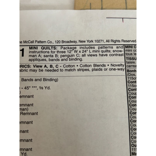 McCalls Crafts Pattern M5781 Mini Quilt Christmas Snowman Penguin Santa Holidays