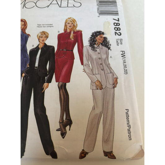 McCalls Sewing Pattern 7882 Work Outfit Career Set Jacket Pants Skirt 18-22 UC