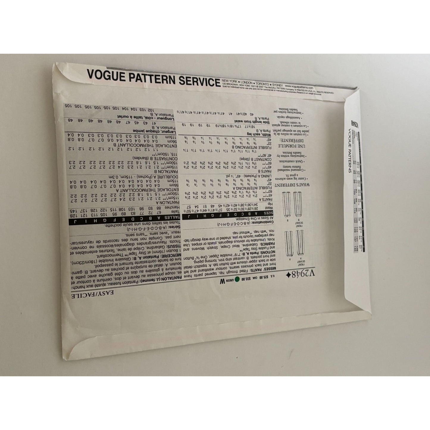 Vogue Sewing Pattern V2948 Tapered Pants Work Career Todays Fit by Betzina Uncut
