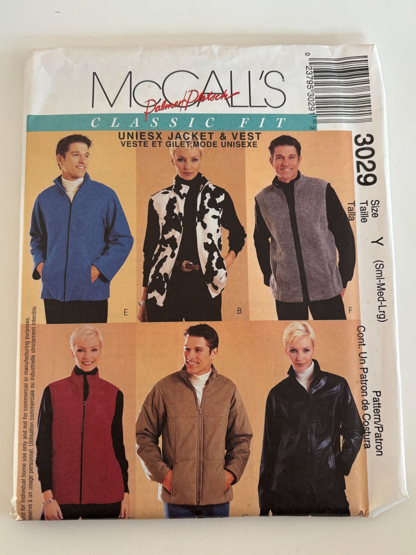 McCalls Sewing Pattern 3029 Unisex Jacket Fleece Vest Winter Classic Fit S M L