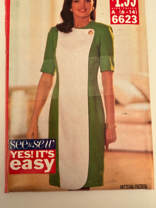 Butterick Sewing Pattern 6623 Sheath Dress Color Block Work Career 1990s 6-14 UC