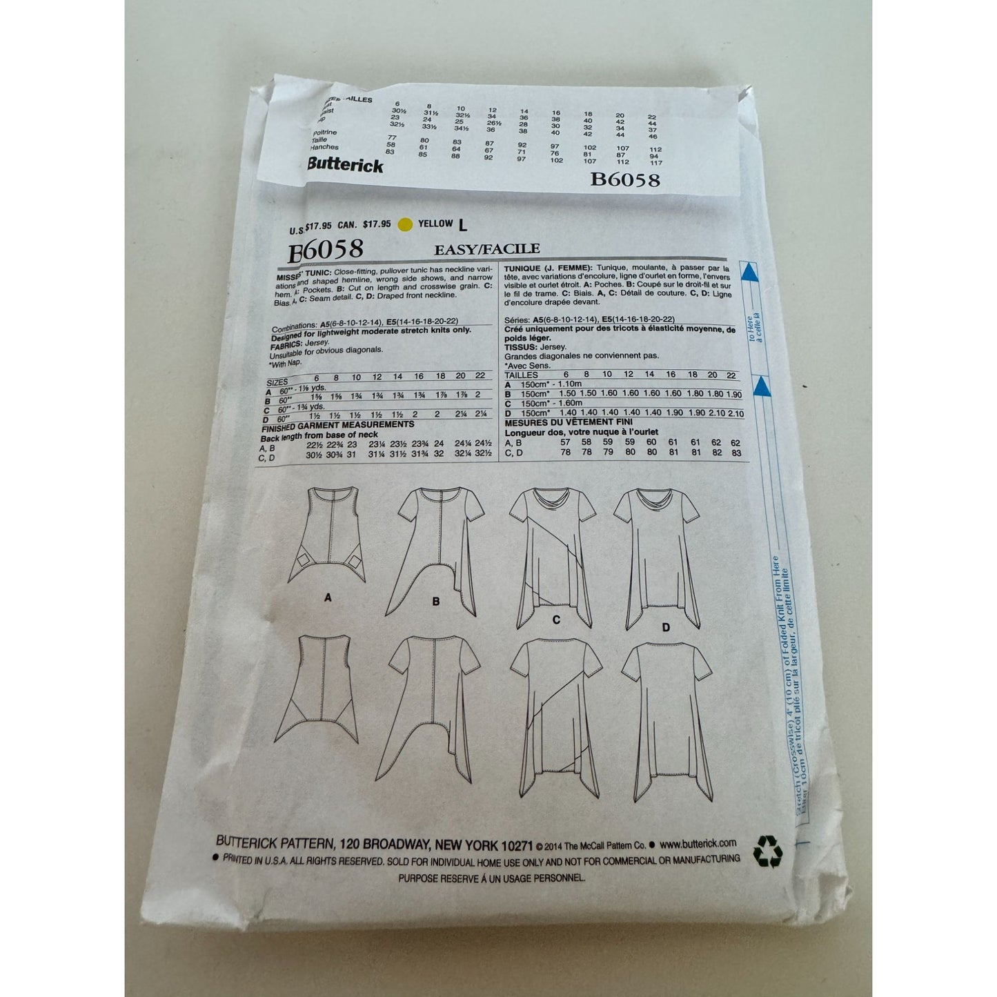 Butterick Sewing Pattern B6058 Tunic Top Asymmetrical Shirt Easy UC 10 12 14