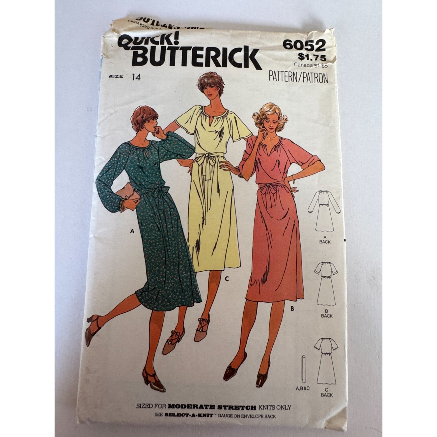 Vintage 80s Knit Dress Sewing Pattern Butterick 6052 Elastic Waist Easy 14 Uncut