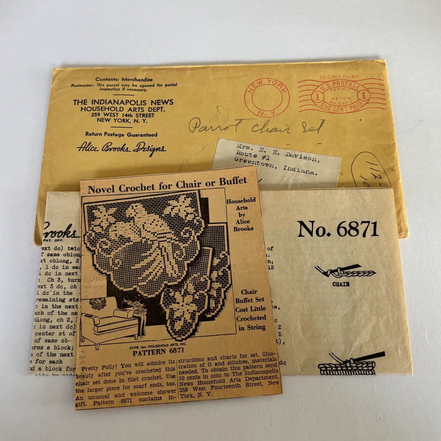Vintage Crochet Pattern 6871 Alice Brooks Parrot Chair 1940s Filet Mail Order Newspaper