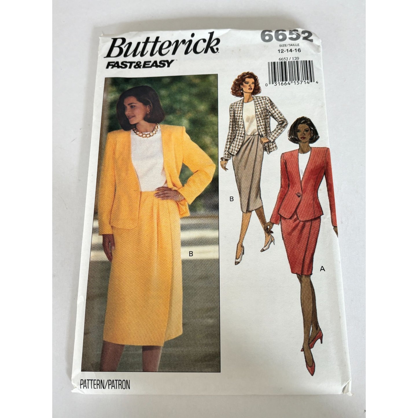 Butterick Sewing Pattern 6652 90s Power Suit Jacket Skirt Set Easy 12-16 Uncut