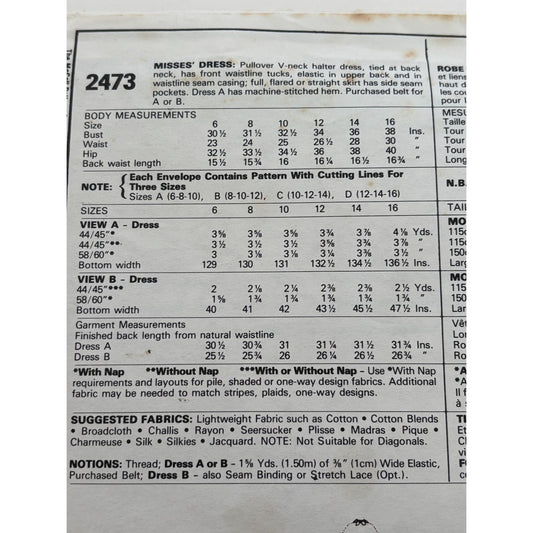 McCalls Sewing Pattern 2473 Easy Sew Halter Dress Size 6 8 10 Pullover V-Neck UC