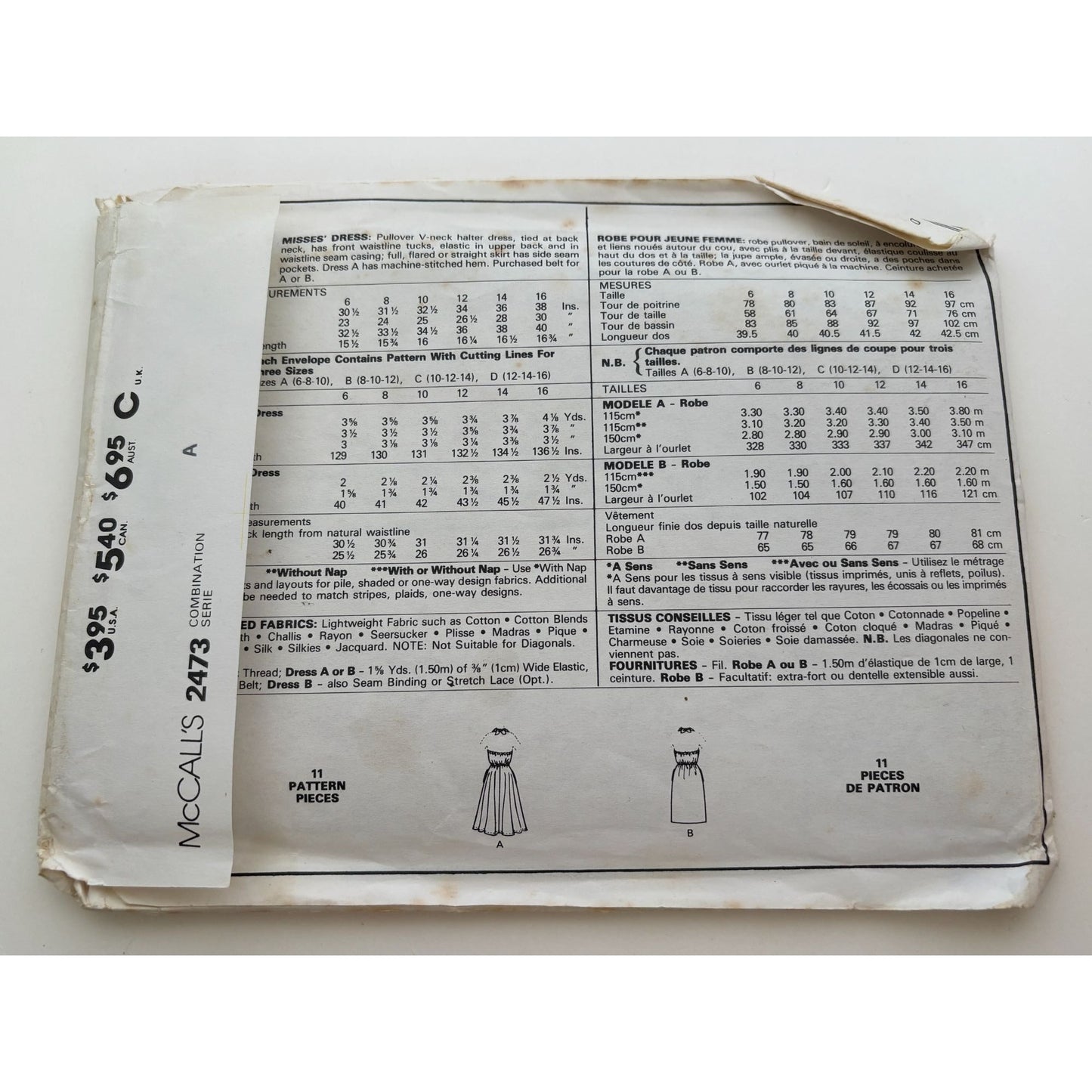 McCalls Sewing Pattern 2473 Easy Sew Halter Dress Size 6 8 10 Pullover V-Neck UC