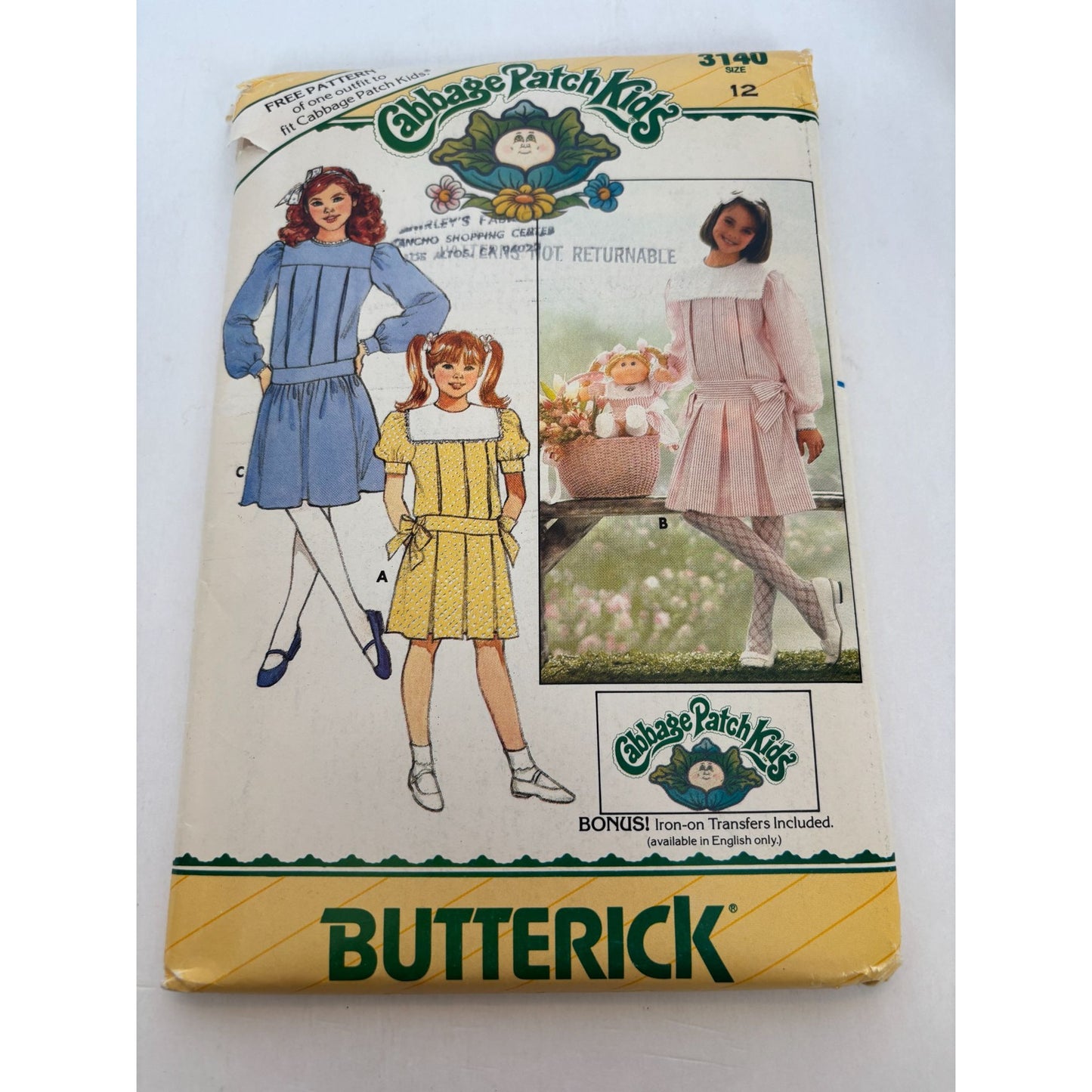 Butterick Sewing Pattern 3140 Cabbage Patch Kids Doll Girls Dress Vintage 1980s