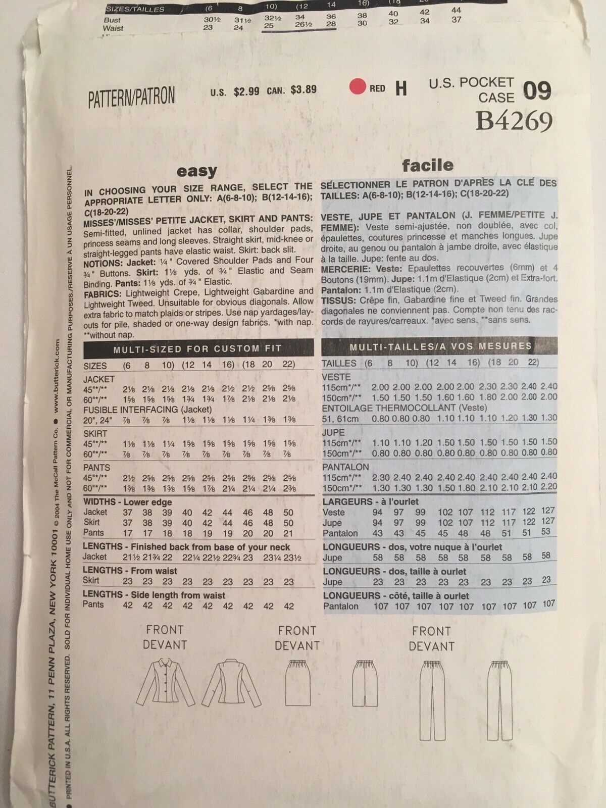 Butterick Sewing Pattern B4269 Skirt Pants Suit Capsule Wardrobe Work 12 14 16