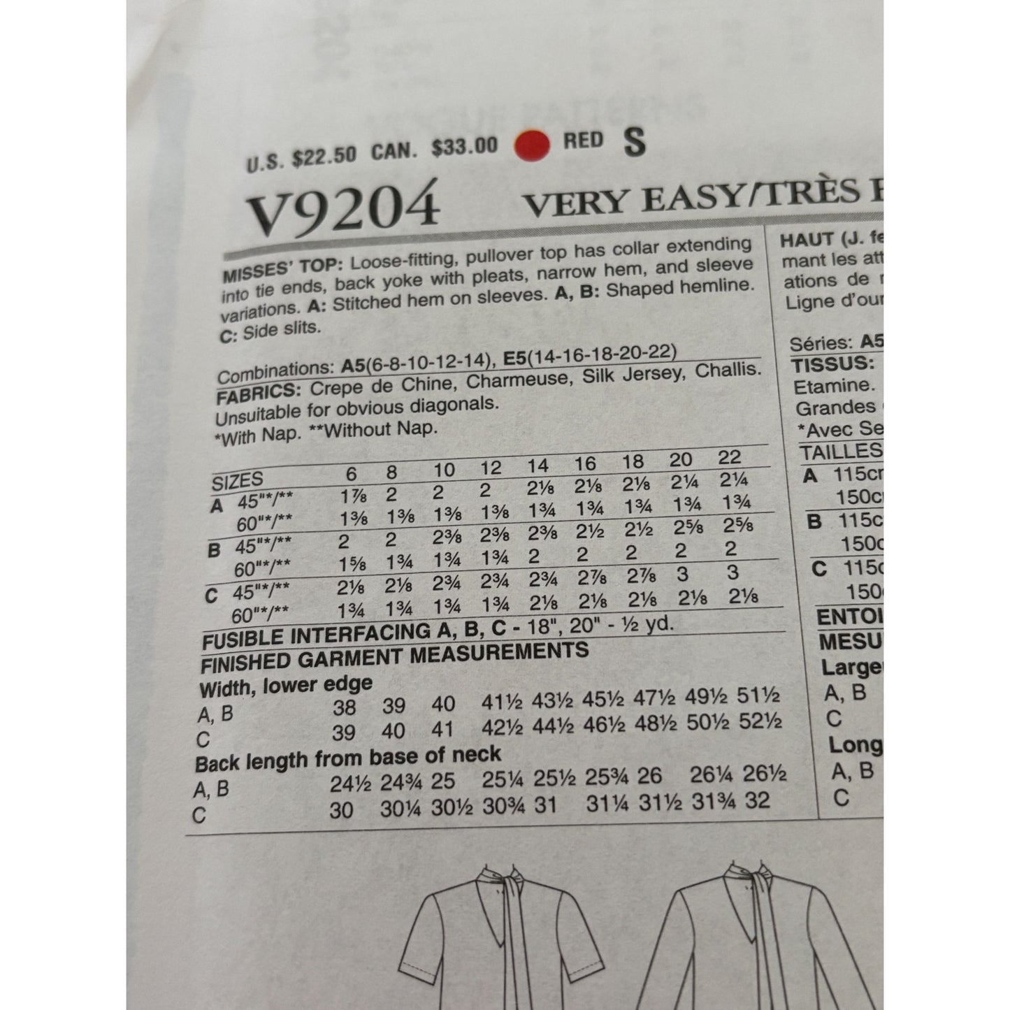 Vogue Sewing Pattern V9204 Misses Top Shirt Blouse Sizes 14-22 Easy Career Uncut
