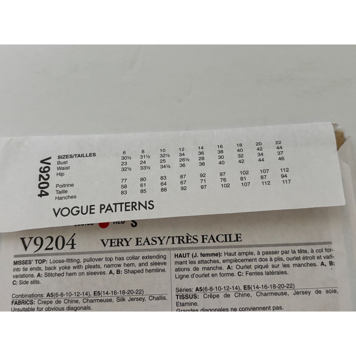 Vogue Sewing Pattern V9204 Misses Top Shirt Blouse Sizes 14-22 Easy Career Uncut