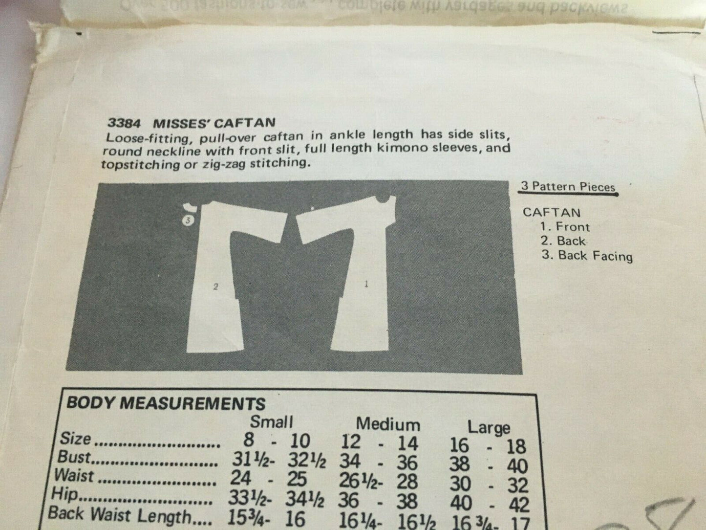 Butterick Sewing Pattern 3384 Pull Over Caftan 1970s Ankle Length Small 8 10