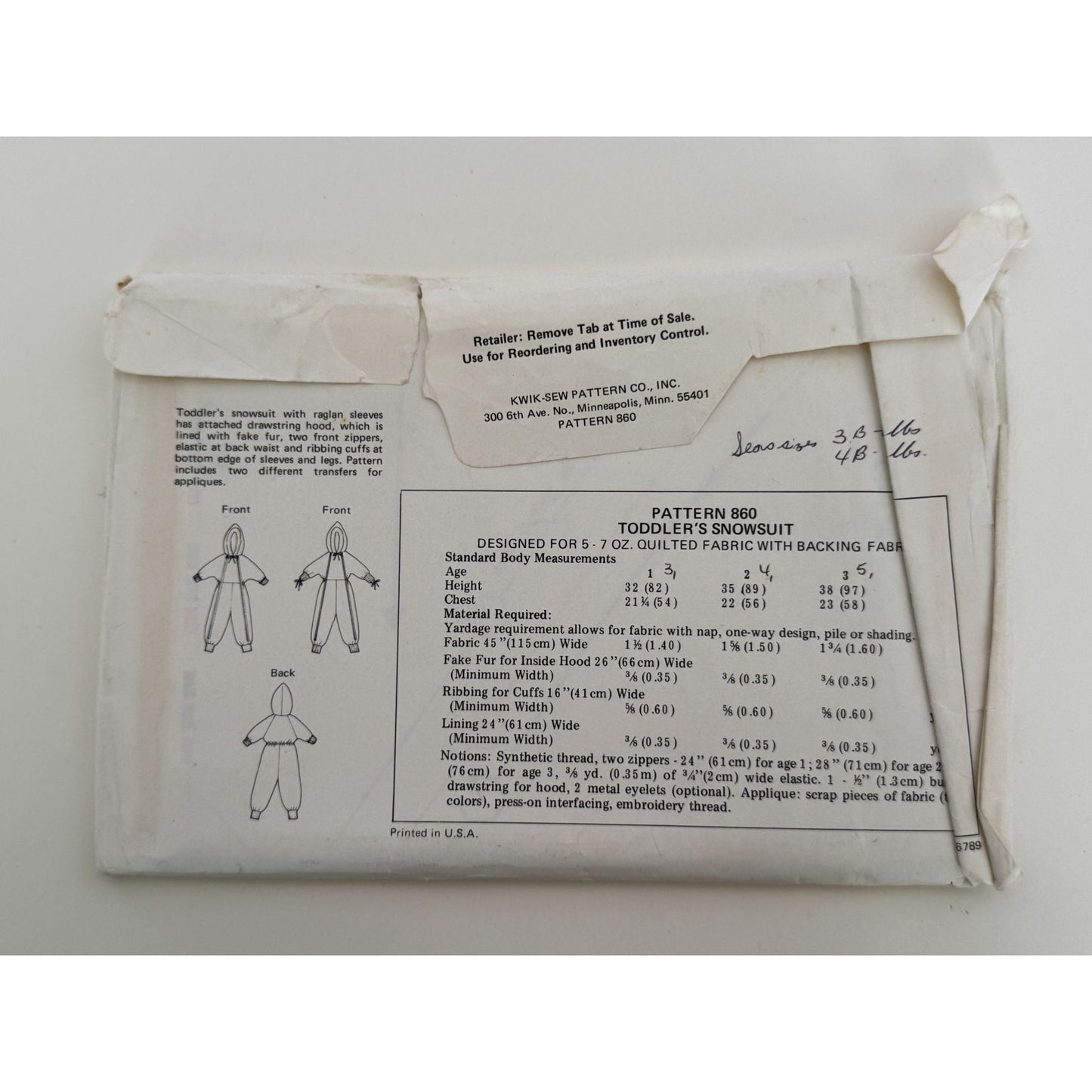 Kwik Sew Sewing Pattern 860 Toddler Snowsuit Ages 1-3 Raglan Sleeves Winter UC