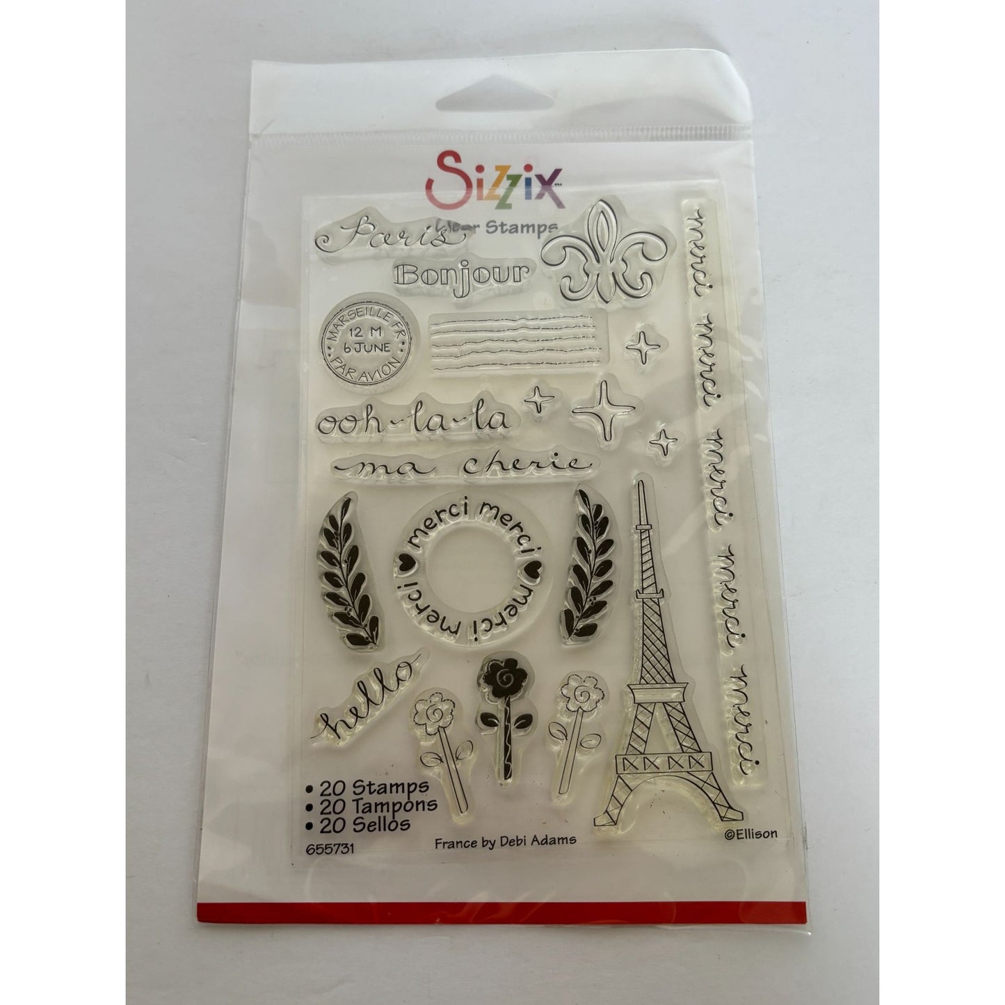 Sizzix Photopolymer Clear Stamps Paris France Merci Eiffel Tower Bonjour Words