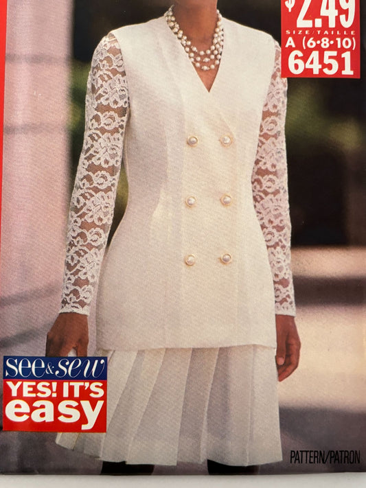 Butterick Sewing Pattern 6451 90s Top Skirt Pattern Lace Sleeve Suit Set 6-10 UC