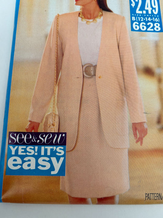 Butterick Sewing Pattern 6628 Jacket Skirt Suit Set 1990s Easy 12 14 16 Vtg UC
