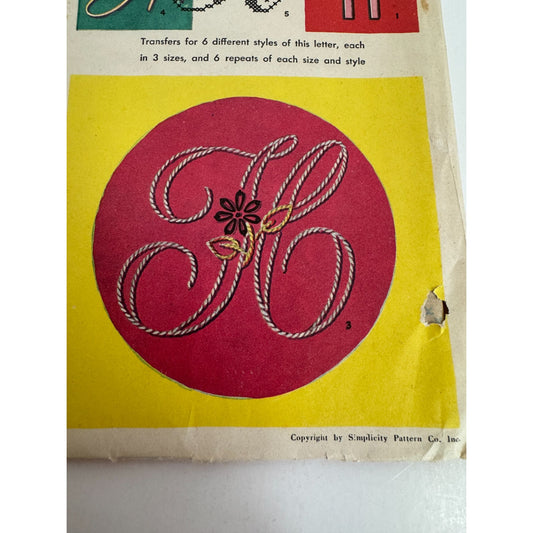 Simplicity Embroidery Transfer Patterns 4040 H Letter H 6 Styles Vintage 1952