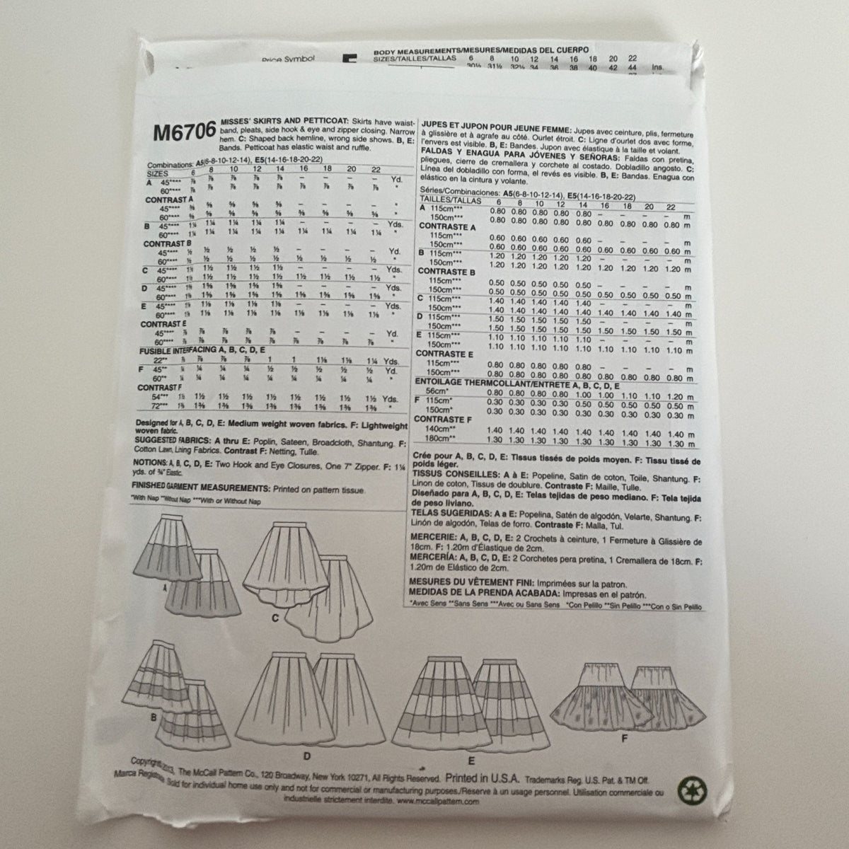 McCalls Sewing Pattern M6706 Skirts Petticoat Retro Feminine Skirt Easy 14-22 UC