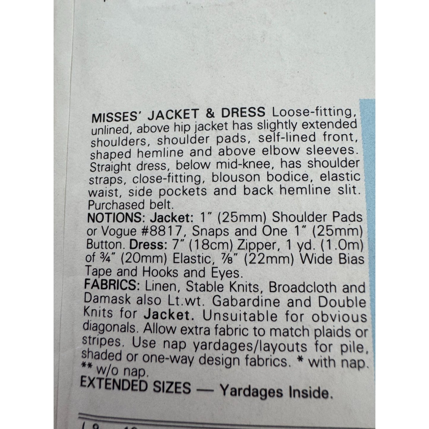 Vogue Sewing Pattern 9632 Misses Jacket Straight Dress 1980s Vintage 8 10 12 UC