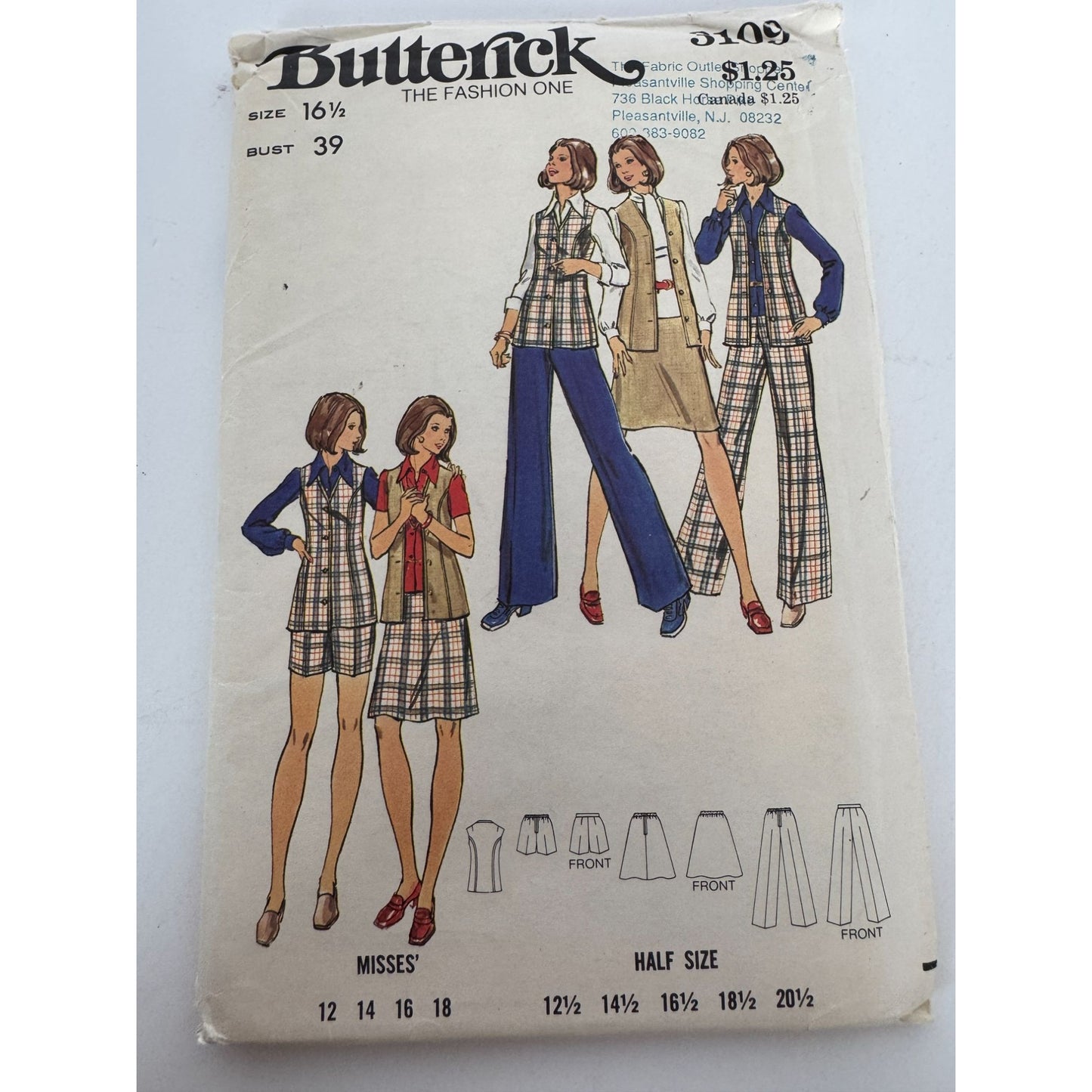 Butterick Pattern 3109 Misses Vest Skirt Pants Shorts 1970s Outfit Size 16.5 UC