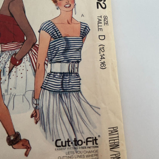 McCalls Sewing Pattern 3662 Off Shoulder Tops 12–16 Shirt 1980s Vintage Uncut