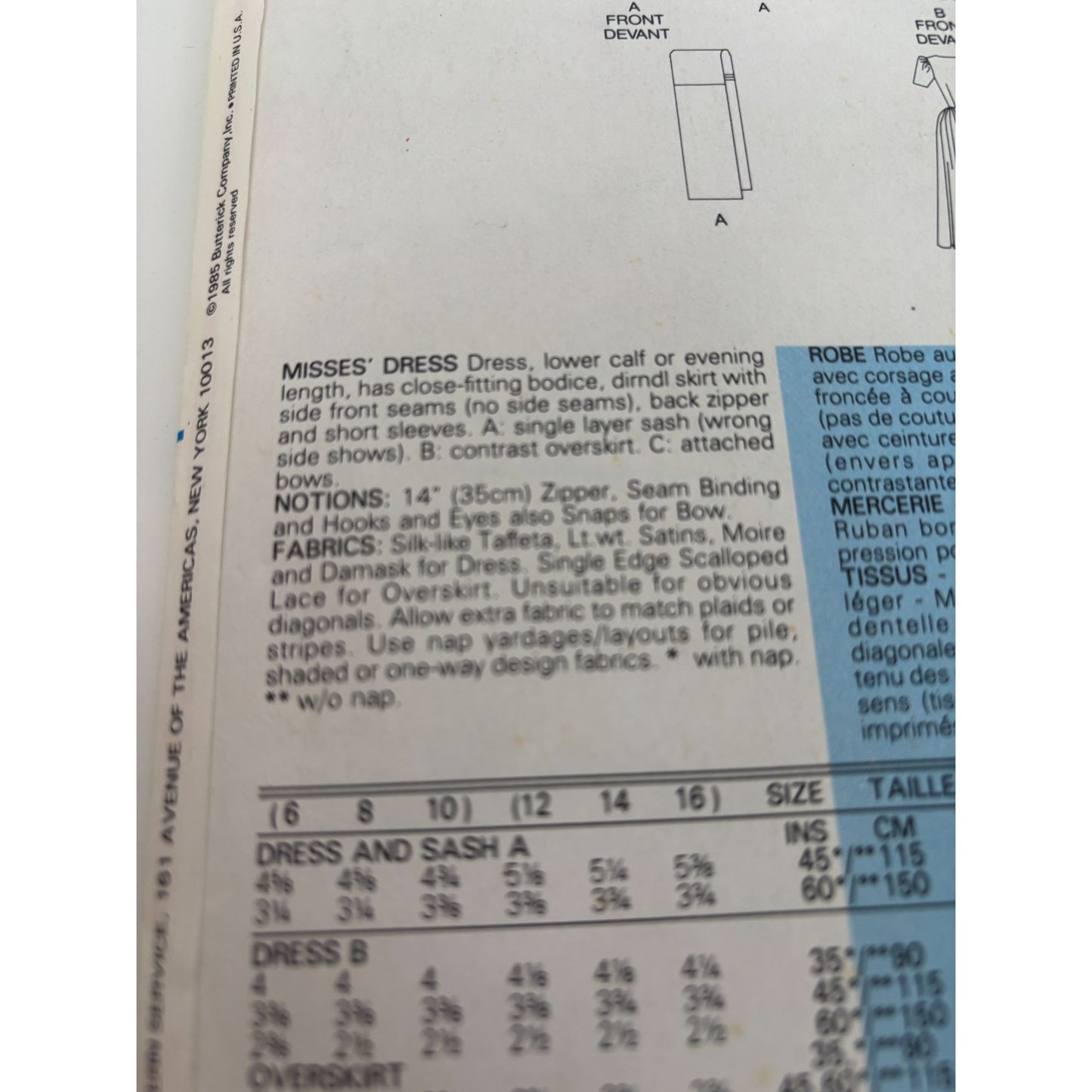 Butterick Sewing Pattern 3235 Modest Formal Dress Short Sleeve 1980s 12 14 16 UC