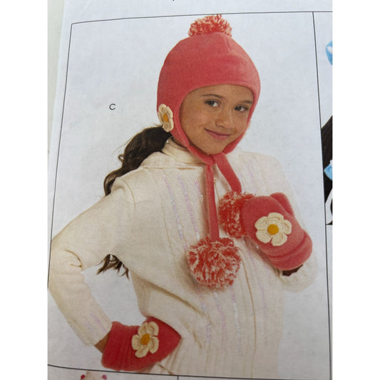 McCalls Sewing Pattern M5772 Kids Winter Hat Scarf Mittens Pompoms Girls Uncut