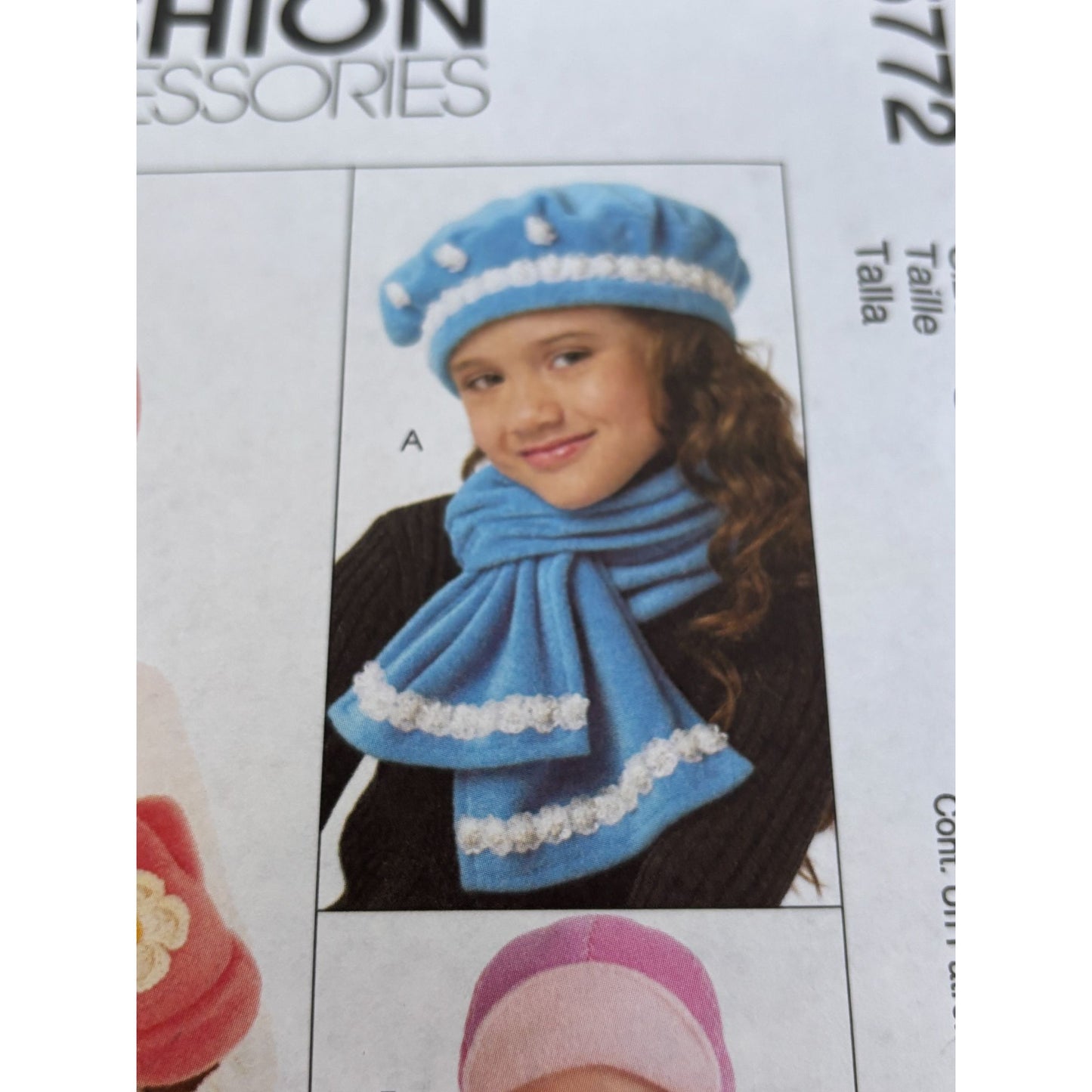 McCalls Sewing Pattern M5772 Kids Winter Hat Scarf Mittens Pompoms Girls Uncut