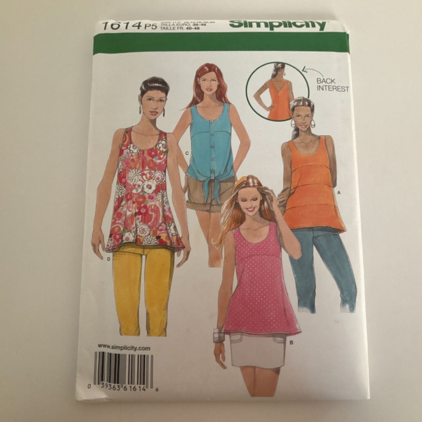 Simplicity Sewing Pattern 1614 Misses Summer Tops Sleeveless Shirt 12-20 Uncut