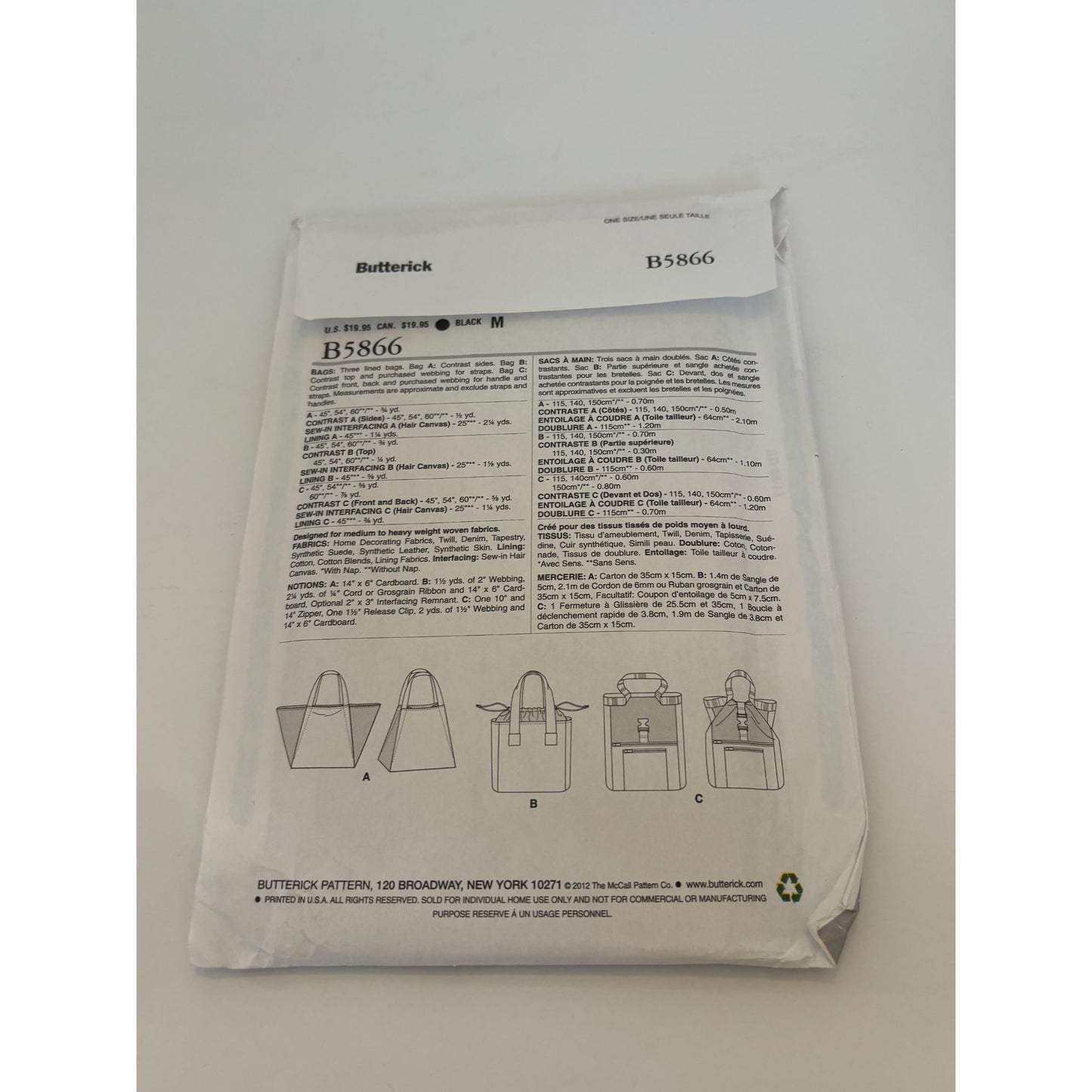 Butterick Sewing Pattern B5866 Car Organizers Trash Bin Seat Back Visor Box UC