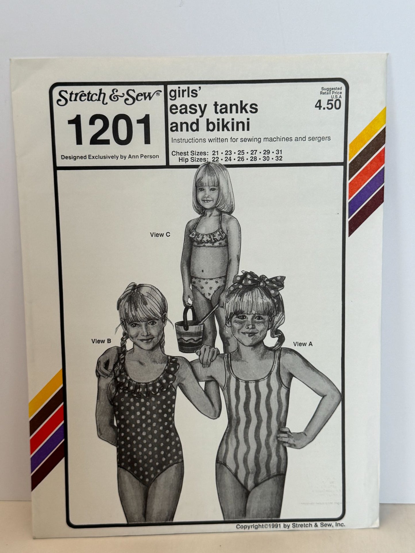 Stretch & Sew Sewing Pattern 1201 Girls Swimsuit Tank Bathing Suit Bikini Uncut