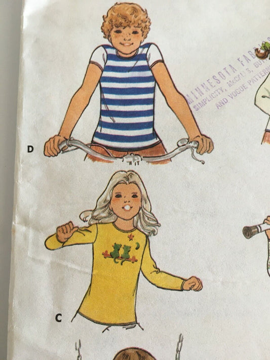 Butterick Sewing Pattern 4734 T-Shirt Shirt Top Retro Girls 10 Vintage 1970s UC