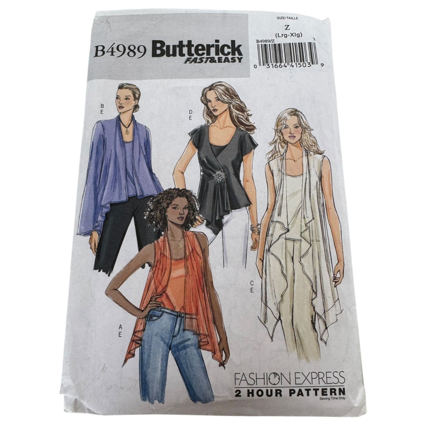 Butterick Sewing Pattern B4989 Tops Camisole Cascade Shawl Fast Easy L-XL Uncut