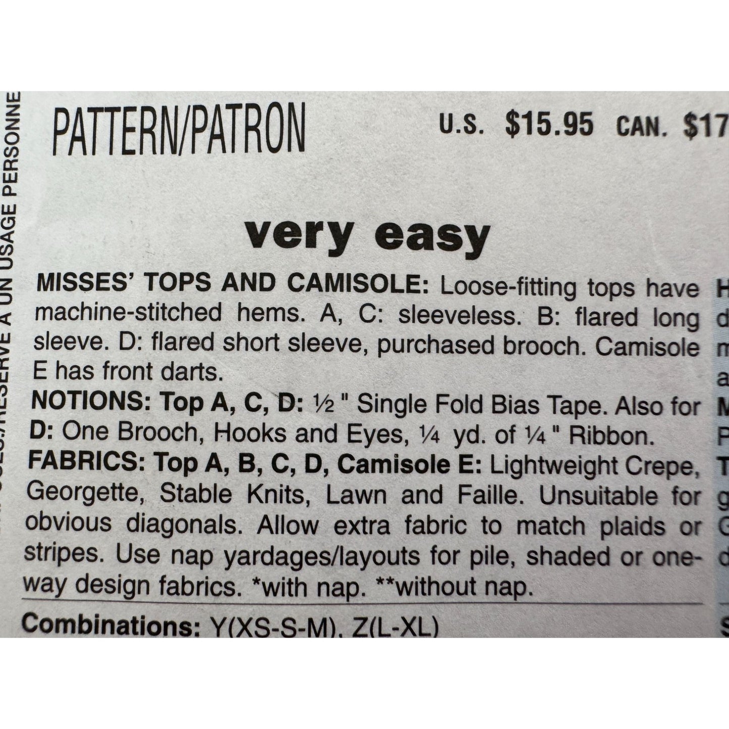 Butterick Sewing Pattern B4989 Tops Camisole Cascade Shawl Fast Easy L-XL Uncut